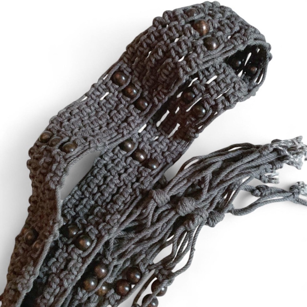Vintage 90s Boho Macrame Beaded Brown Tie Belt OS